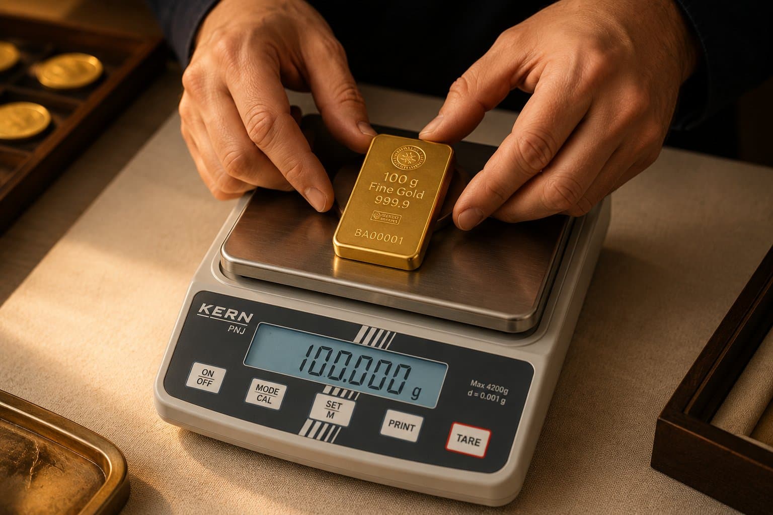 Pesée précise d'un lingot d'or sur balance certifiée